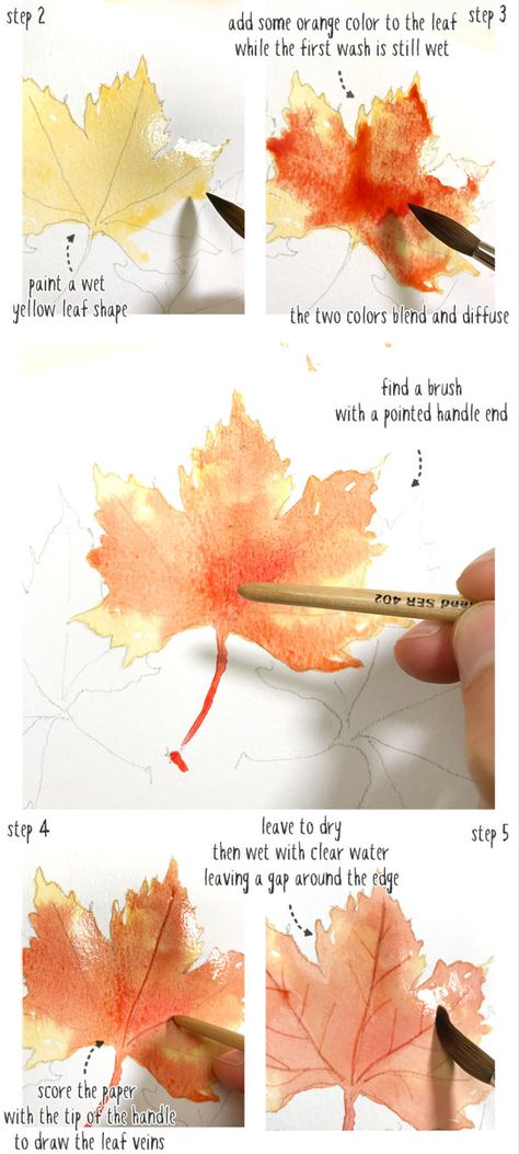 easy-watercolor-fall-leaves-part1 Diy Kalender, Pumpkin Watercolor, Art Docent, Color Tutorial, Watercolour Techniques, Watercolor Autumn Leaves, Art Spaces, Realistic Watercolor, Watercolor Tips