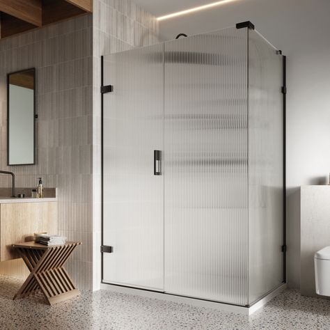 Liberty Hinged Door with in-line panel with fluted glass Half Glass Shower Door, Glass Bathroom Door, Glass Shower Wall, Traditional Bathroom Designs, Glass Shower Doors Frameless, Shower Box, Reeded Glass, Bathroom Showers, Glass Shower Enclosures