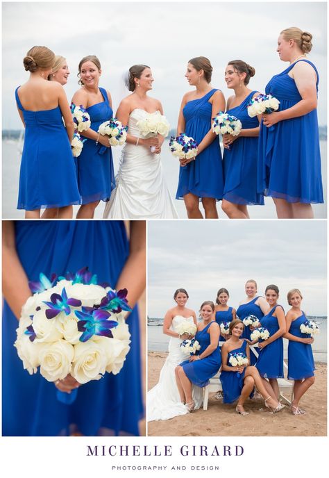 Bridal Party Pictures :: Blue Bridesmaid Dresses and White and Blue Bouquets :: Classic Wedding Details for an Oceanside Beach Wedding :: Anthony's Ocean View in New Haven, Connecticut :: Michelle Girard Photography and Design Bridal Party Pictures, Blue Bouquets, Classic Wedding Details, Ocean View Wedding, Navy Wedding Colors, Beach Wedding Groom, Oceanside Beach, Groom And Groomsmen Suits, Wedding Royal