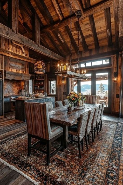 Create a Cozy Space with Rustic Dining Room Inspirations 🍽️✨ Transform your dining area with rustic charm. Use natural materials, vintage accents, and earthy tones for a warm and inviting atmosphere. 🌿🪵 #RusticDiningRoom #HomeDecor #CountryStyle #DiningRoomInspo Cozy Cabin Dining Room, Cozy Dining Room Aesthetic, Tudor Garage, Dining Room Design Rustic, Lodge Dining Room, Cabin Dining Room, Boho Cabin, Dining Area Kitchen, Winter Lodge