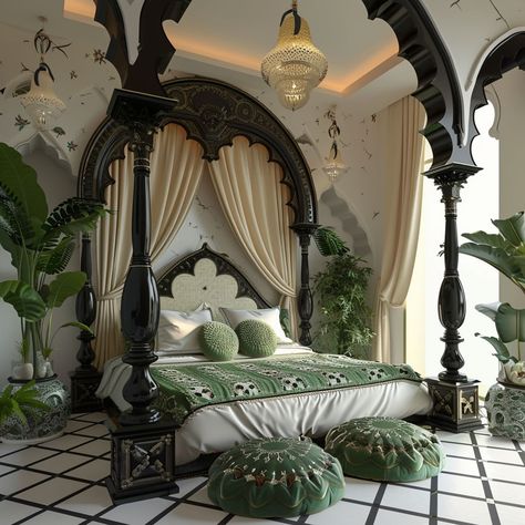 Who’s green with envy over this stunning Marrakech oasis?? 🙋🏻‍♀️ This estate exudes traditional Moroccan design with vibrant colors, intricate patterns, and rich textures. I especially love the use of arabesque motifs and arches in the doorways and openings. There’s just something about this style that invites you to come in and stay awhile….do you agree? Let me know your thoughts below!!👇 Conceptualized by @homescapedofficial ai . . . #marrakech #morocco🇲🇦 #moroccotravel #zelligetile #gr... Moroccan Bedroom Aesthetic, Iconic Bedrooms, Morocco House, Moroccan Inspired Bedroom, Moroccan Style Home, Small Bedroom Ideas For Couples, Moroccan Houses, Moroccan Interior Design, Moroccan Bedroom