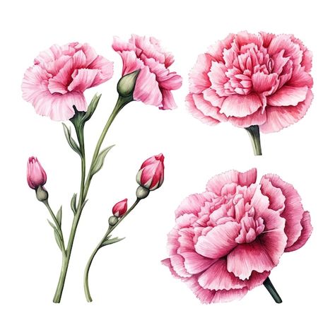 Carnation flowers set watercolor illustr... | Premium Vector #Freepik #vector #red #nature #purple #green Carnation Flower Design, Carnations Illustration, Carnations Watercolor, Cj Tattoo, Carnation Illustration, Watercolor Carnation, Carnation Drawing, Carnation Flower Tattoo, Colored Drawings