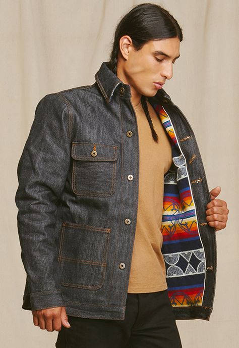 Jean jacket Pendleton wool lining // Not a Costume: Where to Buy Authentic Native American Fashion by Indigenous Designers - Ecocult Native American Jackets, American Fashion Men, Chickasaw Nation, Wax Canvas, Timberland Boots Outfit, Native Wears, Native American Clothing, Native American Men, American Workwear