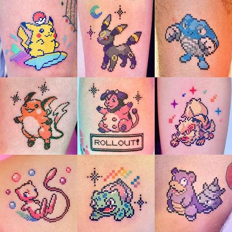 Your nostalgia. #pixeltattoo on Instagram: "What’s your favorite Pokemon (1-9)?❤️ Plz let me know your favorite Pokemon :) NYC🇺🇸 booking for Sept is available now💜 Sponsored by @emalla.official #pokemon #pokemontattoo" Pokemon Sprite Tattoo, Pokemon Tattoo Pixel, Pokemon Back Tattoo, Togekiss Tattoo, 8 Bit Pokemon Tattoo, Pixel Pokemon Tattoo, Kawaii Pokemon Tattoo, Shaymin Tattoo, Pokemon Card Tattoo