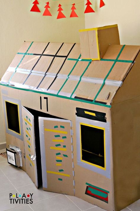 How To Build The Most Simple Cardboard House from just 1 cardboard box. Kids will play in this cardboard box for hours!! Simple Cardboard House, Cardboard Box Fort, Cardboard Boxes Kids, Cardboard Houses For Kids, Cardboard Forts, Cardboard Box Houses, Cardboard Play, Cardboard Playhouse, Cardboard Box Crafts