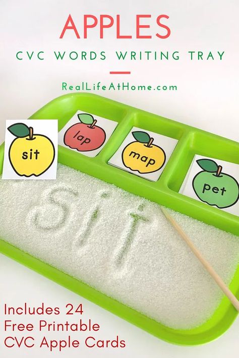 Encourage early reading and writing with this sand tray writing activity. Download a free set of 24 CVC cards for kids with an apple theme. Fun language arts and phonics preschool and kindergarten activity! Teaching Child To Read, Sand Writing, Writing Cvc Words, Cvc Activities, Sand Tray, Preschool Reading, Apple Activities, Cvc Word, Language Art Activities