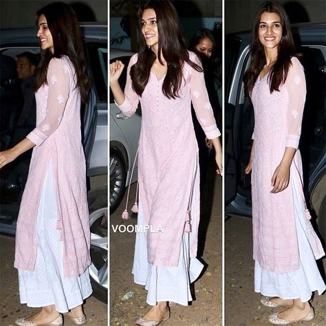 Long Kurti With Palazzo, Kurta And Palazzo Casual, Kriti Sanon Kurti Outfits, Actress Kurti Designs, Palazzo Pants Outfit Indian With Kurti, Kriti Sanon Kurtis, Women Plazo Design, Kriti Sanon In Kurti, White Plazo Outfits