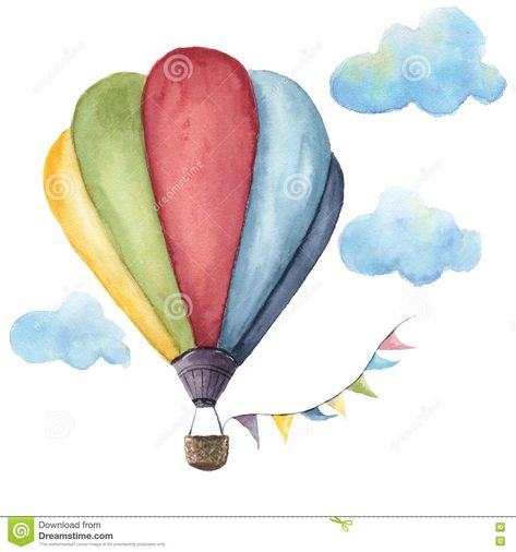 Illustration about Watercolor hot air balloon set. Hand drawn vintage air balloons with flags garlands and retro design. Illustrations isolated on white background. Illustration of summer, illustration, flight - 79812456 Watercolor Hot Air Balloon, Hot Air Balloons Art, Balloon Illustration, Balloon Painting, Watercolor Paintings For Beginners, Design Illustrations, Watercolor Paintings Easy, Seni Cat Air, Vintage Air