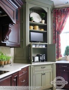 I love this green painted appliance garage! Great idea to eliminate cluttered countertops. Diy Kitchen Appliance Garage, Corner Bench Kitchen Table, Kitchen Appliance Garage, Appliance Garage, Ikea Kitchen Design, Galley Style Kitchen, Countertop Appliances, Diy Kitchen Storage, Cottage Kitchens