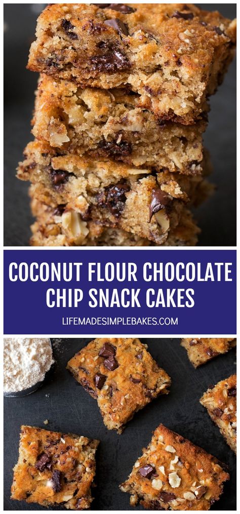 This coconut flour chocolate chip snack cake is loaded with nutritious and wholesome ingredients. Its healthy, packed full of protein and is the perfect way to satisfy your sweet tooth! #coconutflourchocolatechipsnackcake #chocolatechipsnackcake #coconutflour #healthydesserts #snackcakes Chocolate Chip Snack Cake, Baking With Coconut Flour, Coconut Flour Recipes, Pumpkin Waffles, Dairy Free Chocolate, Flour Recipes, Snack Chips, Snack Cake, Family Favorite Meals