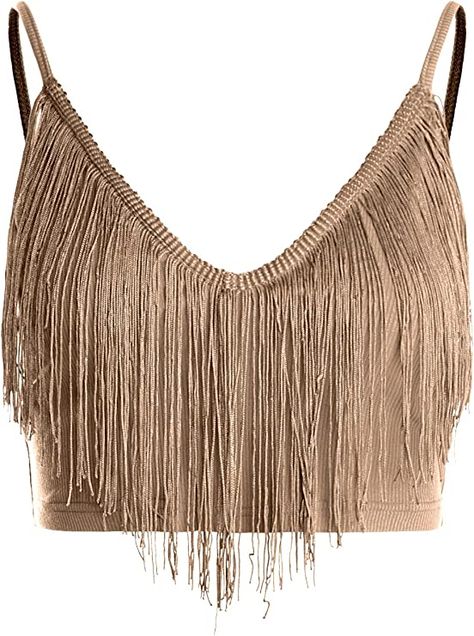 Verdusa Women's Fringe Trim V Neck Sleeveless Ribbed Crop Cami Top Black L at Amazon Women’s Clothing store Brown Clothes, Fringe Crop Top, Crop Cami Top, Black Cami Top, Cropped Cami, Cami Crop Top, Vestido Casual, Fringe Trim, Cami Tanks