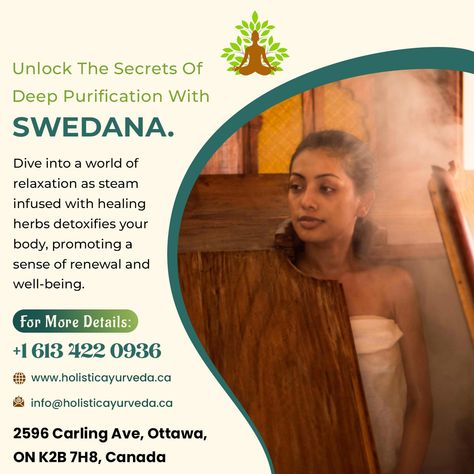 Unlock the Secrets of Deep Purification with Swedana Experience the ultimate detox with Swedana at Holistic Ayurveda. Steam infused with healing herbs detoxifies your body, promoting a sense of renewal and well-being. For More Details: 📞 +1 613 422 0936 ✉️ info@holisticayurveda.ca 🌐 www.holisticayurveda.ca 📍 2596 Carling Ave, Ottawa, ON K2B 7H8, Canada #Swedana #Ayurveda #Detox #Relaxation #HolisticHealing #WellnessJourney #NaturalHealing #HerbalTherapy #HealthyLiving #StressRelief #MindBo... Swedana Ayurveda, Herbal Therapy, Ayurvedic Doctor, Detoxify Your Body, Healing Herbs, Mind Body Soul, Holistic Healing, Natural Healing, Ottawa