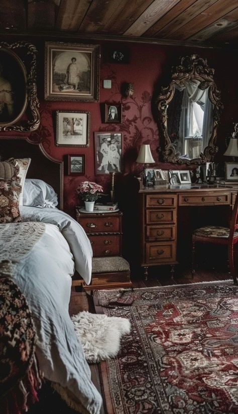 Witches Bedroom Aesthetic, Romantic Goth Room Decor, Dark Vintage Aesthetic Room, Vintage Inspired Bedroom Ideas, Dark Romantic Decor, Dark Cottagecore Interior, Maximalist Vintage Decor, Vintage Dark Bedroom, Dark Red Bedroom Aesthetic