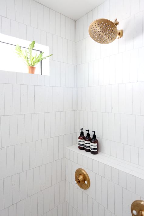 Like the vertical, staggered placement. Rhythmic Cellar 2" x 9" Terra Cotta Subway Tile in White Sherwin Williams Sea Salt, White Subway Tile Bathroom, Evergreen House, Subway Tile Showers, Subway Tiles Bathroom, White Subway Tile, Basement Bathroom, Main Bathroom, Glass Shower Doors