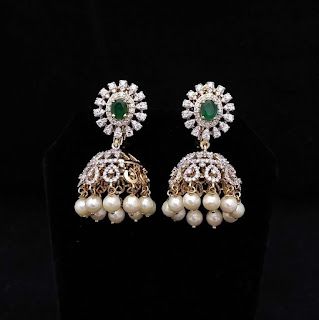 Small Diamond Jhumkas, Dimand Earring, Diamond Jumkas Design Indian, Diamond Jimikki, Jumki Gold, Small Earrings Diamonds, Diamond Jumkas, Diamond Buttalu, Green Diamond Earrings