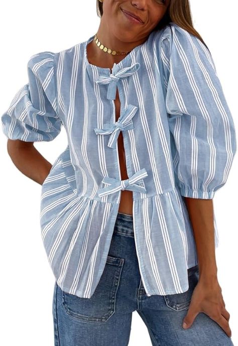 Bowknot Blouse, 2 Piece Short Set, Loose Fit Blouse, Women Tie, Peplum Blouse, Casual Summer Shirts, Elastic Waist Shorts, Summer Fabrics, Striped Fabrics