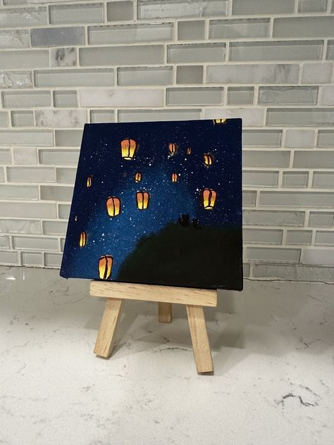 Hand painted 4x4in (10.1x10.1cm) famed mini canvas. Lanterns floating in the night sky with two little cats making a wish.  Hope and whimsy, enjoying the night sky. Perfect for small spaces and desks! Mini Canvas Art Couple, Night Aesthetic Painting, Small Canvas Drawings, Mini Canvas Art For Boyfriend, Little Canvas Paintings, Space Painting Acrylic, Lanterns Floating, Mini Canvas Paintings, Small Canvas Painting