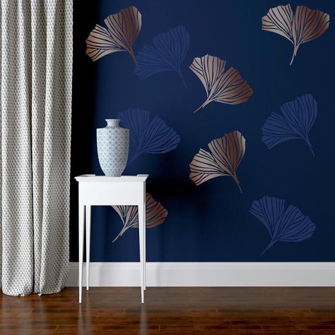 GINKGO stencil by Stencil Up. A leaf wall stencil to create | Etsy Painting Ideas For Home Walls Interior Design, Latest Wall Painting Ideas For Home, Walls Colours Ideas, Bedroom Wall Stencil Design, Unique Living Room Paint Ideas, Stencil Ideas For Walls, Stencils For Wall Painting, Colour Design For Wall, Painting Colours For Walls