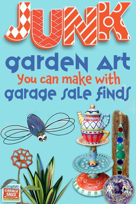 Inspiring examples of repurposed Junk Garden Art you can make with garage sale finds - video + 28 Junk Garden Art Tutorials Junk Yard Art Ideas, Diy Yard Art Crafts, Junk Garden Ideas Repurposed, Yard Art Diy Garden Projects, Diy Yard Art From Junk, Yard Art From Junk Repurposing, Yard Decorations Diy, Yard Art From Junk, Camp Decorations