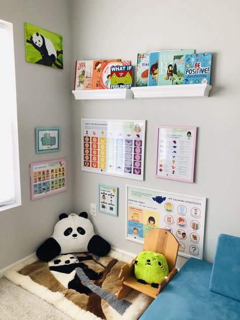 We set up a calming corner in our house to do time-ins instead of time-outs and create a safe space for our kids to be able to reflect and think. We want to raise happy, caring, and mindful individuals. Thank you to Generation Mindful for the wonderful posters and IKEA for the affordable frames. We also love our engaging and educational Usborne books that help children to explore their feelings and emotions! Time In Corner Ideas, Calming Corner Bedroom, Feelings Corner Preschool, Calm Down Room Ideas, Montessori Calming Corner, Time Out Corner Ideas, Feelings Corner For Kids, Calm Corner Toddler, Kids Calming Corner At Home