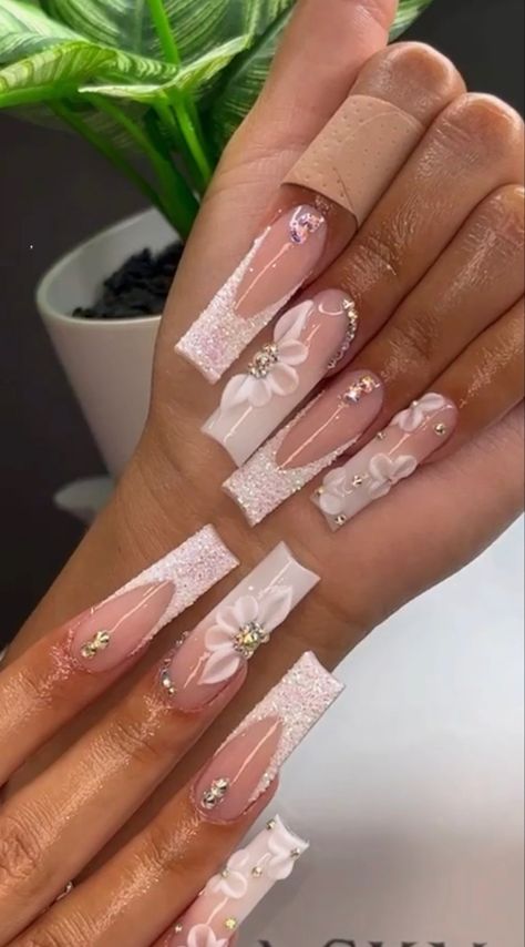 Sparkly white nails | acrylic nails | long acrylic nails | short acrylic nails | French nails Bday Nails Ideas Medium Length, Medium Square Acrylic Nails Sparkle, Short Acrylic Nails Graduation, White Nail Set Ideas, Graduation Nails Acrylic Square, White Graduation Nails Acrylic, Pink Graduation Nails, Graduation Nails White, Summer Nail Sets