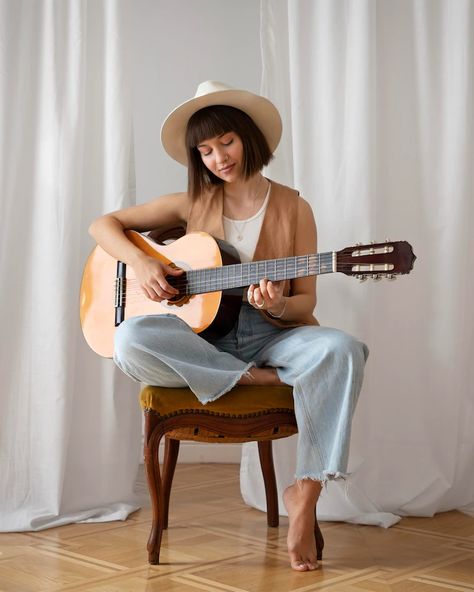 Sitting Down Playing Guitar Reference, Person With A Guitar Reference, Person Sitting Playing Guitar, Play Guitar Reference, Guitar Pose Reference Sitting, Sitting Guitar Pose, Women With Guitars, Pose Reference Photo Guitar, Woman Playing Guitar Drawing