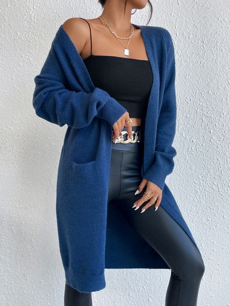 Navy Blue Casual Collar Long Sleeve Fabric Plain Coat Embellished Slight Stretch  Women Knitwear Navy Blue Cardigan Outfit, Sweater Azul, Blue Cardigan Outfit, Cardigan Azul, Long Cardigan Outfit, Navy Blue Outfit, Winter Jacket Outfits, College Outfits Winter, Long Black Cardigan