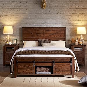 Master Bedrooms Decor Farmhouse Rustic, Farmhouse King Bed, Store Sheets, Beds With Headboards, Barn Door Storage, Wood Bed Frame Queen, Wooden Furniture Bedroom, Farmhouse Bed Frame, Barn Door Cabinet