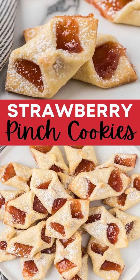 Easy to make Strawberry Pinch Cookies - Eating on a Dime Just A Pinch Recipes Desserts, Strawberry Jam Cookies Recipes, Pinch Cookies, Simple Cookie Dough Recipe, Christmas No Bake Treats, Silly Symphonies, Thumbprint Cookie, Special Cookies, What Is Healthy Food