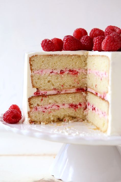 Raspberry White Chocolate Layer Cake - Completely Delicious Raspberry Layer Cake, Chocolate Raspberry Cake Recipe, White Chocolate Raspberry Cake, Raspberry Cake Recipes, Layer Cake Filling, Cake Filling Recipes, Cake Filling, White Chocolate Cake, Chocolate Raspberry Cake