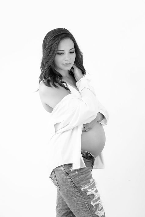 jeans and white shirt maternity photos in b&w Dress Shirt Maternity Shoot, Maternity Photo Jeans And Shirt, Maternity White Shirt Photoshoot, White T Shirt Maternity Shoot, Maternity Photography White Shirt, White Shirt Maternity Photos, Maternity Pictures Jeans And White Shirt, Maternity White Shirt, Studio Family Photos