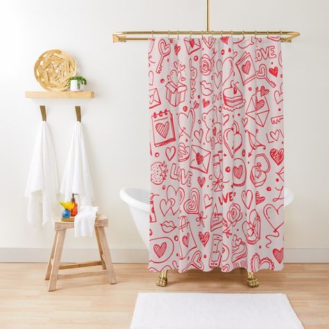 "Valentine's day hand drawing valentine doodles" Shower Curtain by mashmosh | Redbubble Valentine Doodles, Japanese Shower, Barbie Bathroom, Bird Curtains, Valentine Doodle, Bird Shower Curtain, Boho Birds, Vintage Bathroom Decor, Leaf Curtains