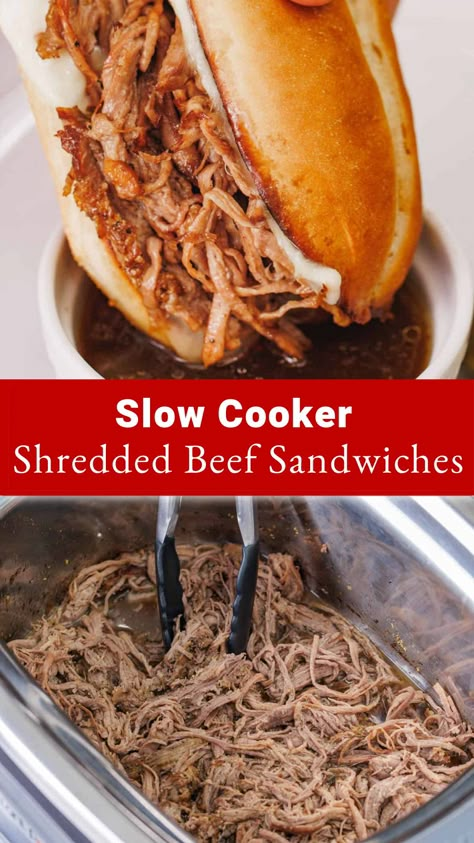 Juicy Slow Cooker Shredded Beef is a must-try crock pot recipe. Use it to make shredded beef sandwiches for dipping au jus, or store or freeze leftovers for easy meal prep. Italian Roast Beef Crock Pot Sandwich Recipes, Shredded Beef Recipes Sandwiches, French Dip Crock Pot Shaved Beef, Slow Cooker Hot Beef Sandwiches, Roast Beef Crock Pot Recipes Sandwiches, Small Beef Roast Crock Pot, Shredded Barbecue Beef, Shredded Beef Au Jus, Shredded Venison Sandwiches