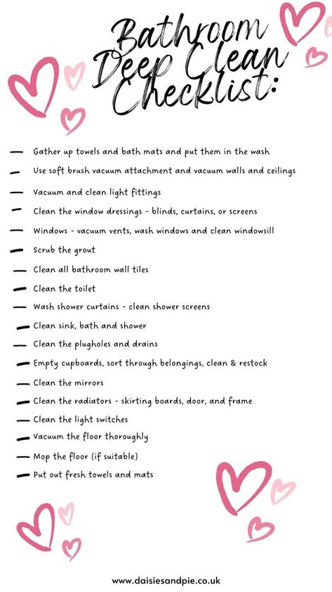 Home Cleaning & Organization Tips and Ideas | ***How To Deep Clean The Bathroom – grab our top to bottom cleaning checklist for really deep cleaning and organising the bathroom - checklist here ... | Facebook Home To Do List Clean House, Deep Home Cleaning, Living Room Deep Clean, Winter Organization Ideas, New Years Cleaning Checklist, New Year Deep Cleaning, Tips On Cleaning Your Room, Order To Clean Room, Bedroom Life Hacks