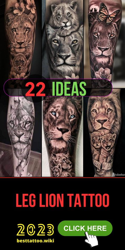 Embark on a journey of symbolism and style with a lion tattoo on the leg, designed exclusively for men. Our carefully curated collection features options that blend artistry and meaning seamlessly. Whether you envision a small, realistic, or geometric lion tattoo, our premium selection captures the essence of power and courage. Say goodbye to ordinary body art and hello to a statement that roars with significance! Men’s Animal Tattoo, Lion Leg Tattoo Men, Lioness Cub Tattoo, Leg Lion Tattoo, Best Lion Tattoos Men, Lion Tattoo On Leg, Lion Tattoo Men, Lion Sleeve Tattoo, Lion Leg Tattoo