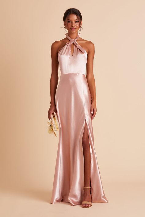 Dusty Rose Bridesmaid Dresses - Shop Dresses Under $100 | Birdy Grey Maid Of Honor Dress Rose Gold, Satin Dress For Wedding Guest During Prom Season, Evening Bridesmaid Dress With Ruched Bodice In Satin, Satin Bridesmaid Dress With Ruched Bodice For Party, Party Bridesmaid Dress With Ruched Satin Bodice, Elegant Pink Satin Halter Dress, Pink Fitted Halter Dress For Wedding, Glamorous Floor-length Halter Dress For Wedding, Satin Bridesmaid Dress With Ruched Bodice For Prom Season