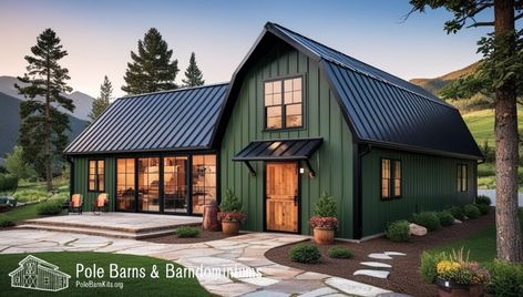 Exploring the Trend: Dark Green Barndominium Color Schemes Dark Farmhouse Colors, Dark Green Board And Batten Exterior, Green Metal Building, Dark Green Board And Batten, Green Board And Batten Exterior, Green Barndominium, Barndominium Exterior Colors, Barndominium Colors, Green Board And Batten