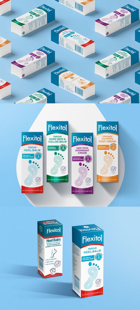 Brandon - Flexitol Puts Its Best Foot Forward With New Packaging Design by Brandon – Challenge: Flexitol is the brand leader in foot skincare and is growing in line with the category, but with a long-term vision ‘to provoke and inspire people to engage positively with the condition of their feet’, Flexitol wanted to bring its revised proposition of ‘health and wellbeing for feet’ to life on pack. – #medical #healthcare #packagingdesign #wbds Pharmacy Packaging Design, Packaging Design Medicine, Medical Box Design, Pharma Packaging Design, Pharmaceutical Packaging Design, Medical Packaging Design, Medicine Packaging Design, Medicine Box Design, Nose Allergy