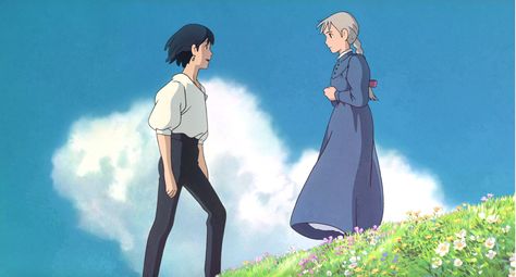 Sophie and Howl on the flowery meadow Ghibli Gouache, Howl's Moving Castle Scenes, Sophie Howl's Moving Castle, Howls Moving Castle Wallpaper, Howl's Moving Castle Howl, 하울의 움직이는 성, Personajes Studio Ghibli, Chihiro Y Haku, Studio Ghibli Background