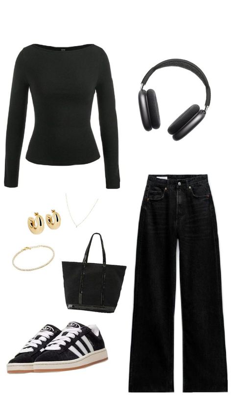 #outfit#black#tendance Outfit Ideas With Black Shirt, Black Retail Outfit, Black Long Sleeve Outfit Aesthetic, All Black Outfit For School, All Black Cosmetology School Outfits, Black Outfits For School, Cosmetology School Outfits Black, Black Basic Outfit, Plain Black Outfit