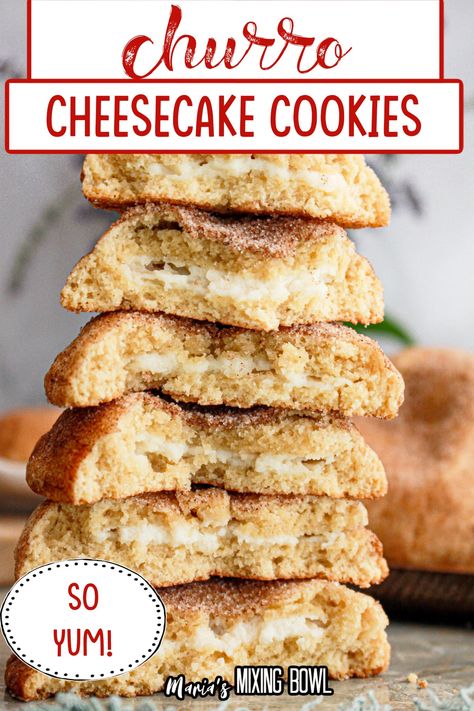 These Churro Cheesecake Cookies are soft and chewy cookies, that are filled with a sweet cream cheese filling, and coated in cinnamon sugar. Cheesecake Stuffed Churro Cookies, Churro Cheesecake Cookies, Sweet Cream Cheese Filling, Churro Cookies, Tiramisu Cookies, Cheesecake Cookies Recipes, Cheese Cake Filling, Dragon Bedding, Churro Cheesecake