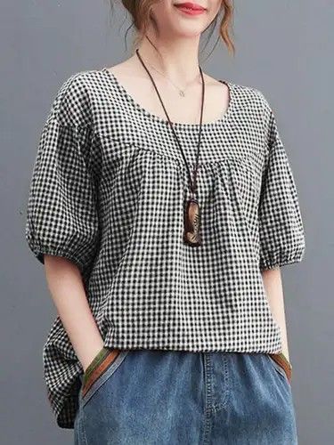 Blouse Outfit Casual, Baggy Shirt, Check Tops, Loose Shirt, Vintage Blouse, Summer Blouses, Loose Shirts, Work Tops, Blouse Outfit