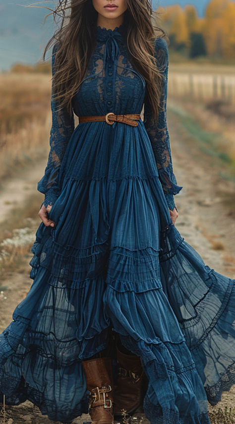 Flowing Dresses Casual, Fancy Country Outfits, Amber Wedding, Bohemian Skirts, Blue Boho Dress, Bohemian Dresses Long, Long Sleeve Boho Dress, Cowgirl Dresses, Peacock Dress