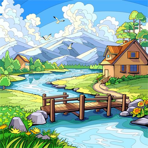 See my new artwork at Color Now !! ရှုခင်းပုံများ Drawing, Natural Scenery Drawing, Village Scenery Drawing, Beautiful Scenery Drawing, Village Scene Drawing, Drawing Pictures For Kids, Landscape Drawing Easy, Easy Scenery Drawing, Paint Nature