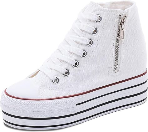 Amazon.com | Womens Platform Shoes Hidden Wedge 4 Inches Height Increase, High Top Canvas Sneakers High Heel White Black Fashion Sneakers for Women and Girls | Shoes Womens Platform Shoes, Women Platform Sneakers, Height Increase, High Heel Sneakers, Women Platform Shoes, Sneakers Looks, Sneakers For Women, Wedge Sneakers, Women's Sneakers