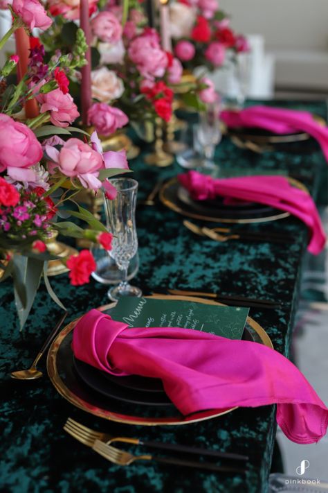 Fushia Centerpieces Ideas, Teal And Hot Pink Wedding, Pink Green Black Gold Decor, Hot Pink And Burgundy Wedding, Emerald And Pink Quinceanera Theme, Emerald Green And Magenta Wedding, Black Pink And Green Wedding, Dark Green Orange Pink Wedding, Fuschia And Emerald Wedding