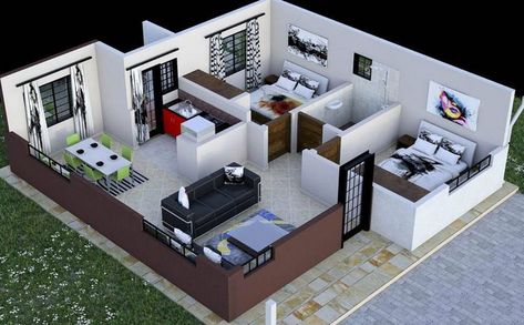 Floor plan with dimensions Two Bedroom House Design, 2 Bedroom House Plan, 2 Bedroom House Design, Small Modern House Plans, Three Bedroom House Plan, Pelan Rumah, Two Bedroom House, 2 Bedroom House Plans, Three Bedroom House