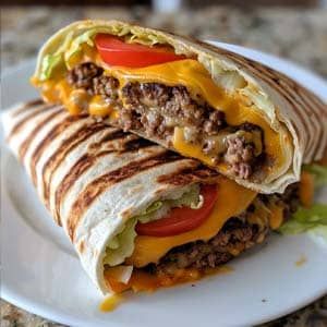 Grilled Cheeseburger Wraps Recipe Wrap Ingredients, Sausage And Potatoes Skillet, Cheeseburger Wraps, Homemade Nachos, Beef Wraps, Plats Weight Watchers, Nacho Cheese, Shredded Lettuce, Diced Tomatoes