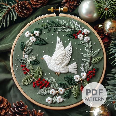 DESCRIPTION Bring a touch of serenity to your embroidery projects with this lovely Christmas Dove hand embroidery pattern! Perfect for nature enthusiasts and embroidery lovers. Grab your hoop, needle, and thread, and let's stitch up some Christmas magic! Happy stitching! This listing is for a digital PDF pattern, which includes: ~ Printable pattern scaled to fit 3" to 8" hoops ~ DMC color and stitch suggestions ~ Beginner's Guide to Hand Embroidery with a FREE sample pattern ~ Beginner's Guide a Embroidery Hoop Patterns Free, Christmas Crafts Embroidery, Christmas Angel Embroidery, Christmas Bird Embroidery, Christmas House Embroidery, Xmas Embroidery Ideas, Yule Embroidery, Embroidery Gifts For Friends, Noel Embroidery