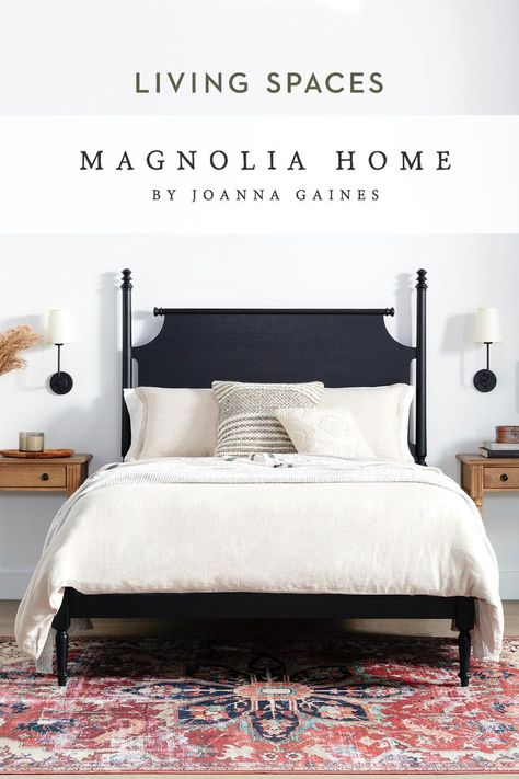 Shop new furniture styled by Joanna Gaines at Living Spaces! Magnolia Homes Bedroom, Bright Rug, Black Bed, Dreamy Bedrooms, Magnolia Homes, Joanna Gaines, Master Bedrooms Decor, Guest Bedrooms, Dream Bedroom